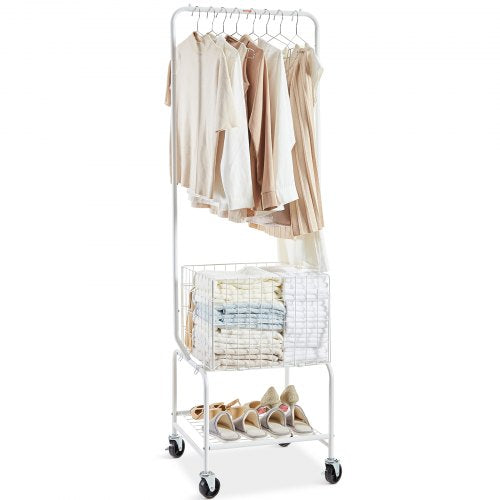 Metal Rolling Laundry Basket with Hanging Garment Rack Height Adjustment