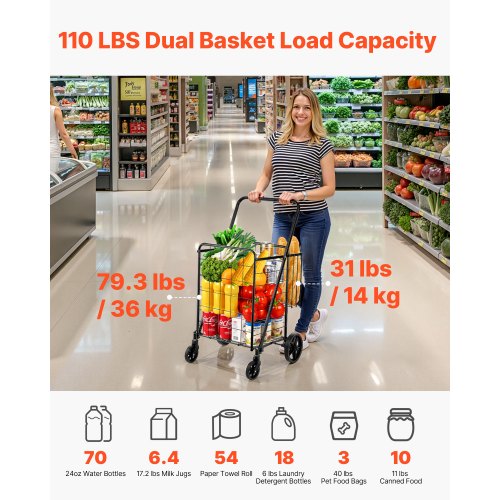 Folding Shopping Cart Jumbo Grocery Cart with Double Baskets 360° Swivel