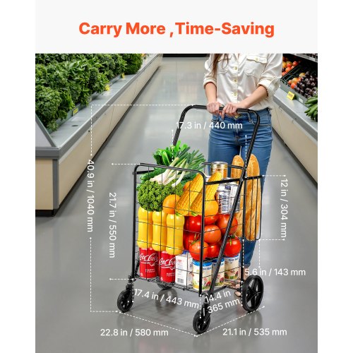 Folding Shopping Cart Jumbo Grocery Cart with Double Baskets 360° Swivel