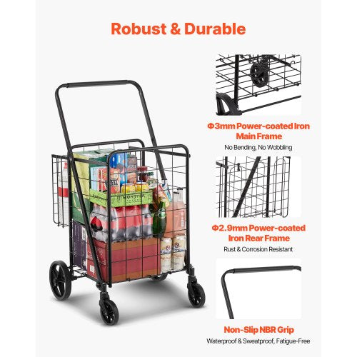 Folding Shopping Cart Jumbo Grocery Cart with Double Baskets 360° Swivel