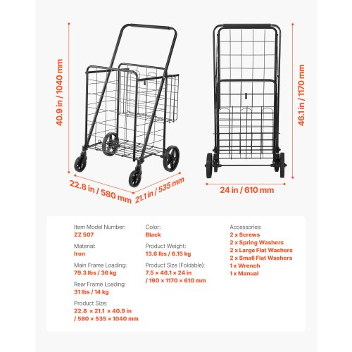 Folding Shopping Cart Jumbo Grocery Cart with Double Baskets 360° Swivel