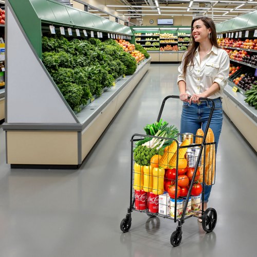 Folding Shopping Cart Jumbo Grocery Cart with Double Baskets 360° Swivel