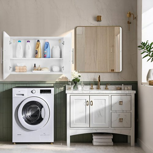 Laundry Room Wall Cabinet 2Tier Wall Mounted Hanging Cabinet with 2 Doors