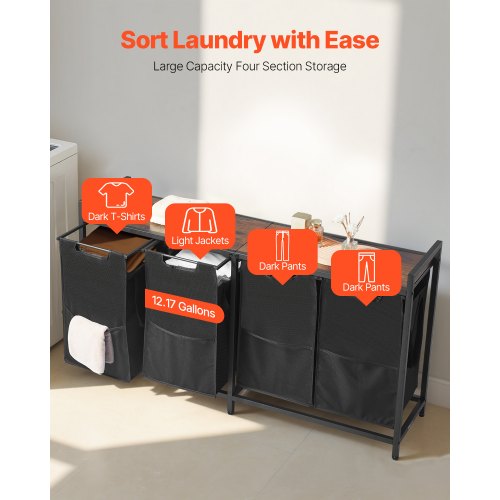4 Section Laundry Sorter Large Laundry Hamper with Metal Frame and Wooden