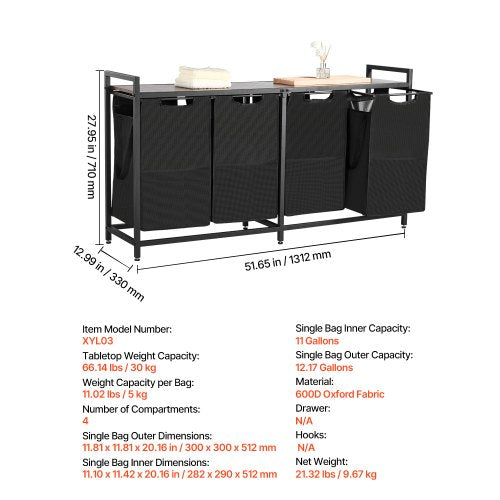 4 Section Laundry Sorter Large Laundry Hamper with Metal Frame and Wooden
