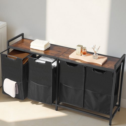4 Section Laundry Sorter Large Laundry Hamper with Metal Frame and Wooden
