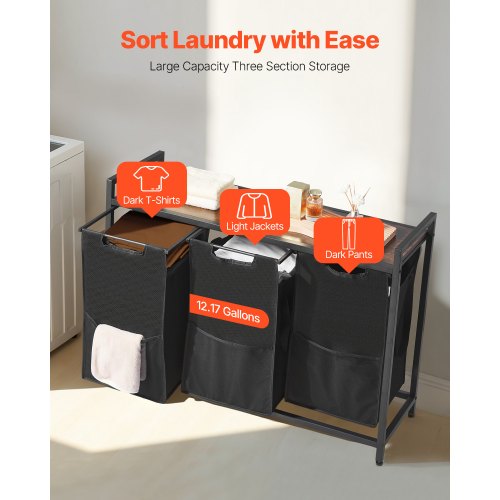 3 Section Laundry Sorter Large Laundry Hamper with Metal Frame and Wooden