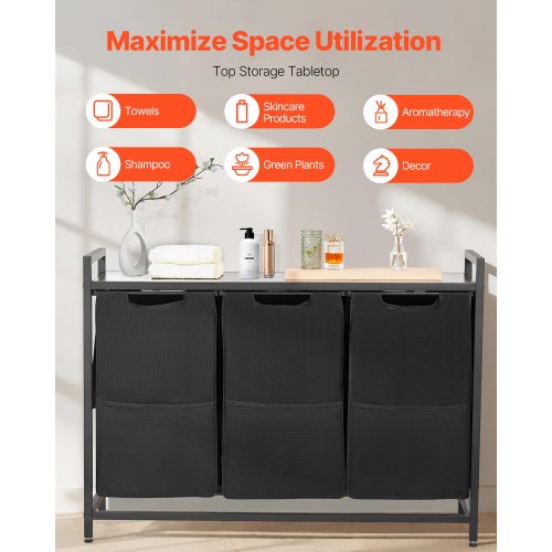 3 Section Laundry Sorter Large Laundry Hamper with Metal Frame and Wooden
