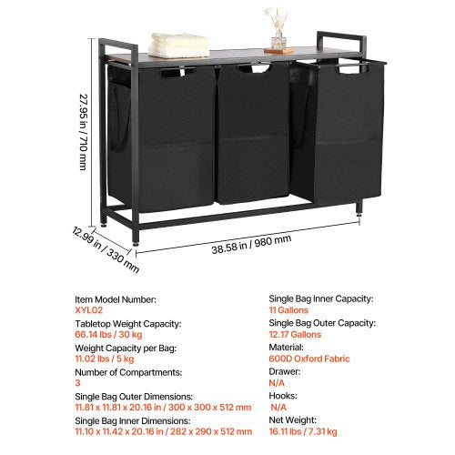 3 Section Laundry Sorter Large Laundry Hamper with Metal Frame and Wooden