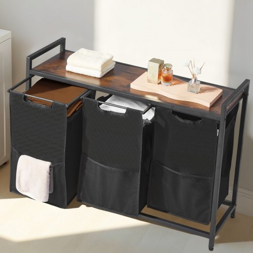 3 Section Laundry Sorter Large Laundry Hamper with Metal Frame and Wooden