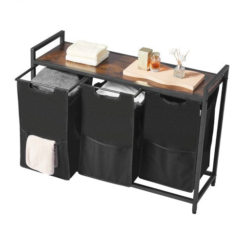 3 Section Laundry Sorter Large Laundry Hamper with Metal Frame and Wooden