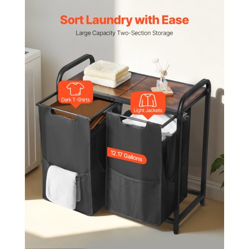 2 Section Laundry Sorter Large Laundry Hamper with Metal Frame and Wooden