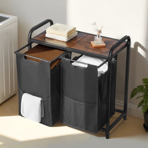 2 Section Laundry Sorter Large Laundry Hamper with Metal Frame and Wooden