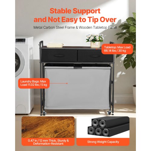 3 Section Laundry Sorter Rolling Laundry Hamper with 2 Drawers Hooks