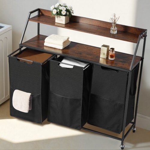 2 Tiers Laundry Sorter Tall Laundry Hamper with Metal Frame and Wooden