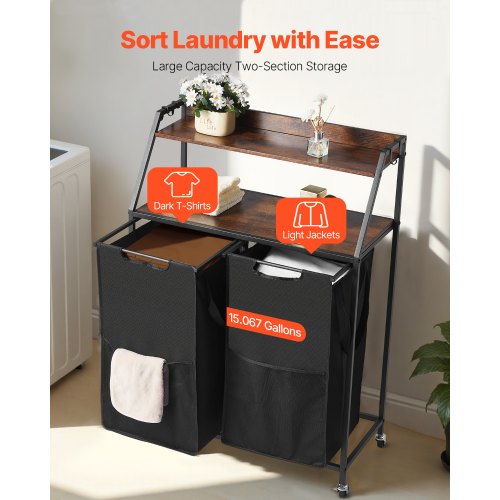 2 Tiers Laundry Sorter Tall Laundry Hamper with Metal Frame and Wooden 1