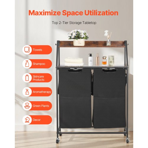 2 Tiers Laundry Sorter Tall Laundry Hamper with Metal Frame and Wooden 1