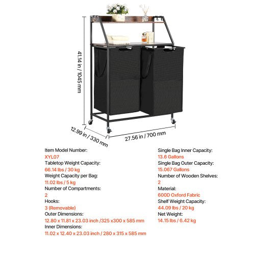 2 Tiers Laundry Sorter Tall Laundry Hamper with Metal Frame and Wooden 1