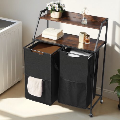 2 Tiers Laundry Sorter Tall Laundry Hamper with Metal Frame and Wooden 1