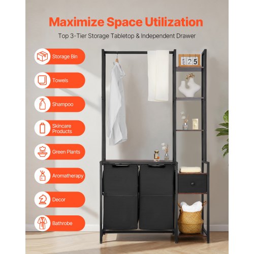 3 Tiers Laundry Sorter with Rack Tall Laundry Hamper with Shelves and Drawers