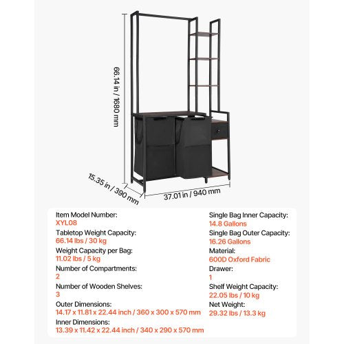 3 Tiers Laundry Sorter with Rack Tall Laundry Hamper with Shelves and Drawers