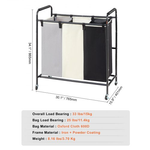 3Section Laundry Basket Heavy Duty Laundry Hamper Storage Organizer