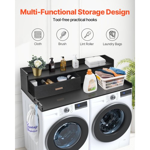 2 Drawers Washer Dryer Countertop with 2Tier Shelf 54 x 27 Wooden Washer
