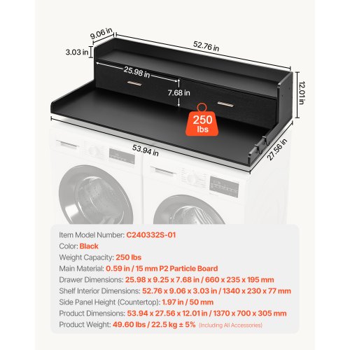 2 Drawers Washer Dryer Countertop with 2Tier Shelf 54 x 27 Wooden Washer
