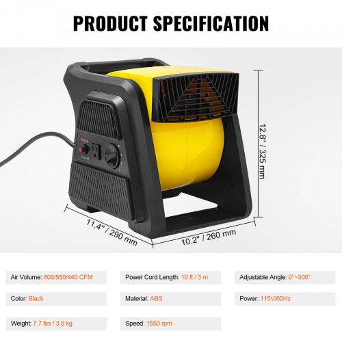 Pivoting Utility Fan 600 CFM High Velocity Floor Blower for Drying