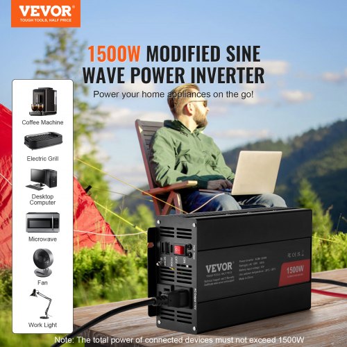 Modified Sine Wave Inverter 1500W DC 12V to AC 120V Power Inverter with 2