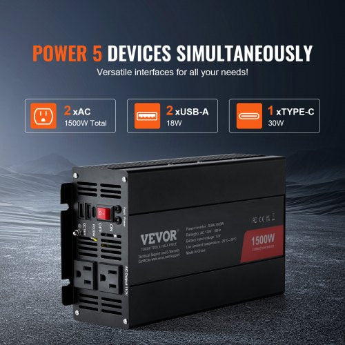 Modified Sine Wave Inverter 1500W DC 12V to AC 120V Power Inverter with 2