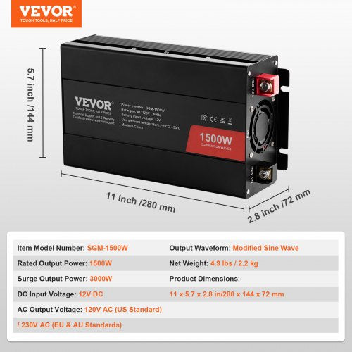 Modified Sine Wave Inverter 1500W DC 12V to AC 120V Power Inverter with 2