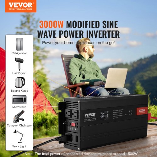 Modified Sine Wave Inverter 3000Watt DC 12V to AC 120V LCD Display Power