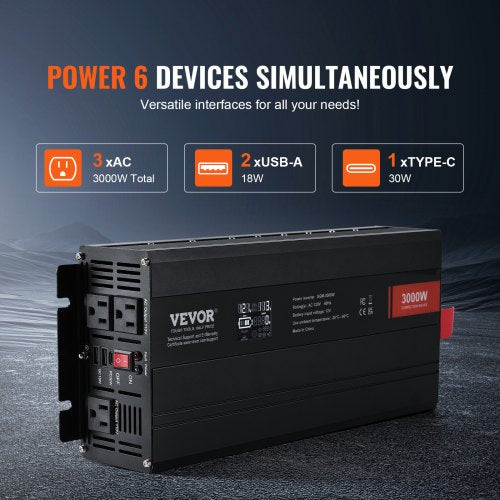 Modified Sine Wave Inverter 3000Watt DC 12V to AC 120V LCD Display Power