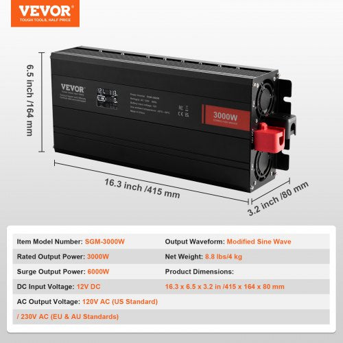 Modified Sine Wave Inverter 3000Watt DC 12V to AC 120V LCD Display Power