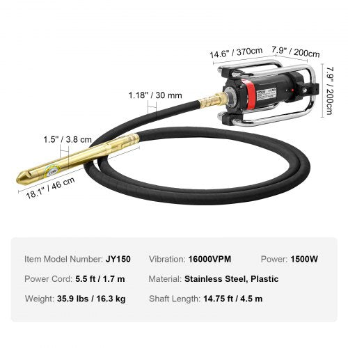 Electric Concrete Vibrator 1300W 16000 VPM 2HP Copper Motor Handheld