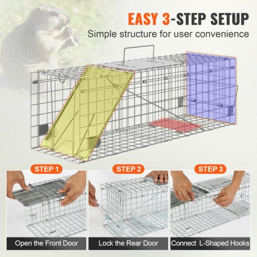 Live Animal Cage Trap 24 x 8 x 8 Humane Cat Trap Galvanized Iron