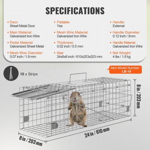 Live Animal Cage Trap 24 x 8 x 8 Humane Cat Trap Galvanized Iron