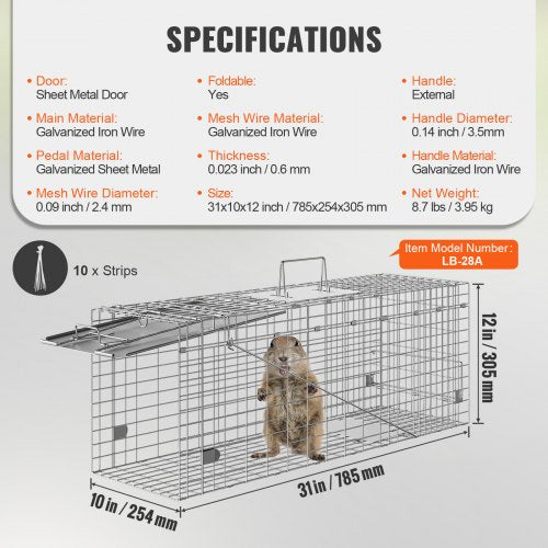 Live Animal Cage Trap 31 x 10 x 12 Humane Cat Trap Galvanized Iron