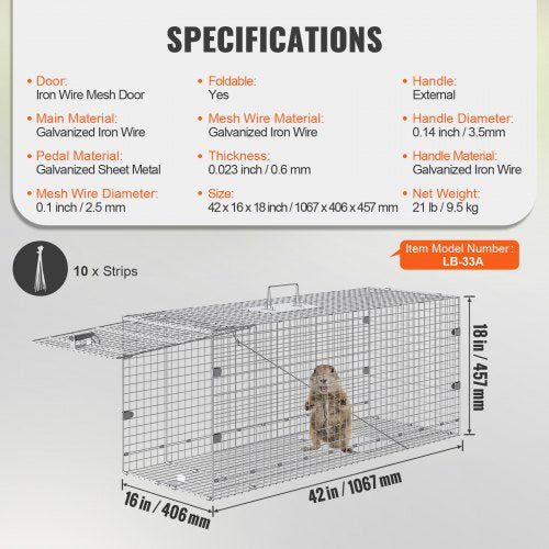 Live Animal Cage Trap 42 x 16 x 18 Humane Cat Trap Galvanized Iron