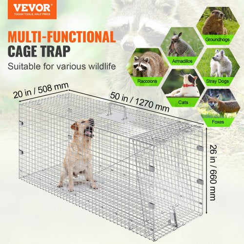 Live Animal Cage Trap 50 x 20 x 26 Humane Cat Trap Galvanized Iron