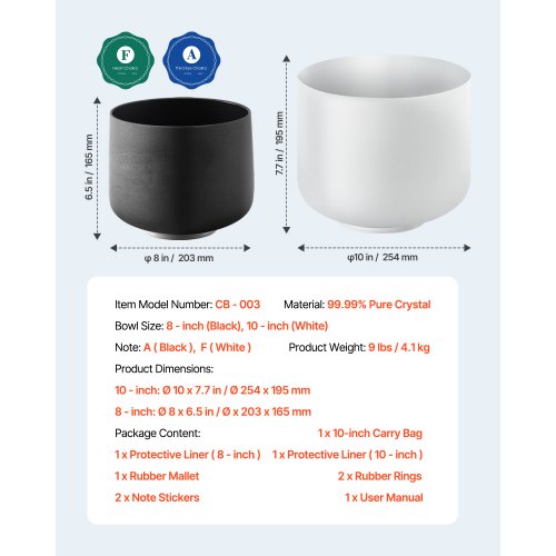 2PCS Crystal Singing Bowls 8inch and 10inch A F Note Singing Bowls