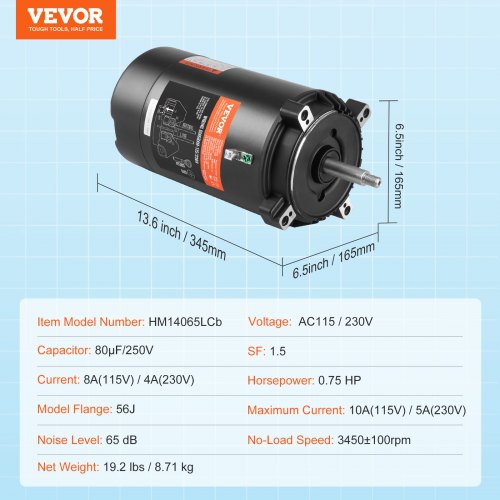 0.75 HP Pool Pump Motor 56J Frame 115V 8 Amps/230V 4 Amps 3450 RPM