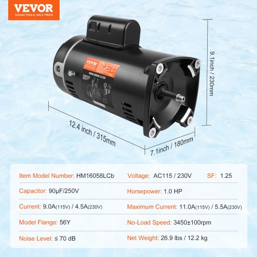 1 HP Pool Pump Motor 56Y Frame 115V 9 Amps / 230V 4.5 Amps 3450RPM 60Hz