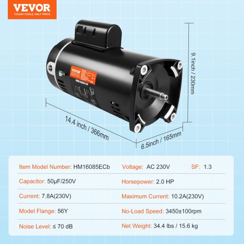 2 HP Pool Pump Motor 56Y Frame 230V 7.8 Amps 3450 RPM 60Hz 13 Service