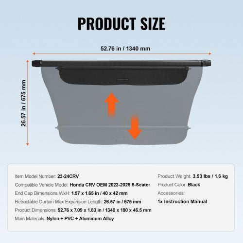 Retractable Cargo Cover for Honda Upgraded Waterproof Trunk Cover Security