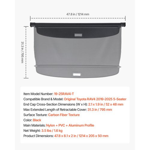 Retractable Cargo Cover Upgraded Carbon Fiber Texture Trunk Cover
