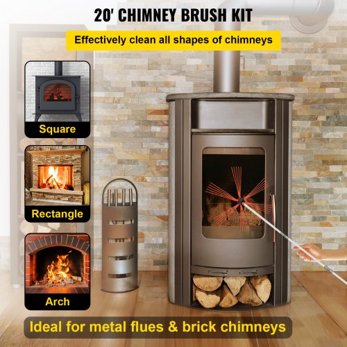 Chimney Sweep Kit 20FT Length Chimney Brush Kit with 6 Nylon Flexible Rods