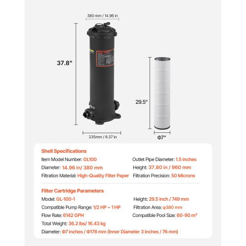 100 sqft² Cartridge Pool Filter Valve 6142 GPH Swimming Pool Filtration