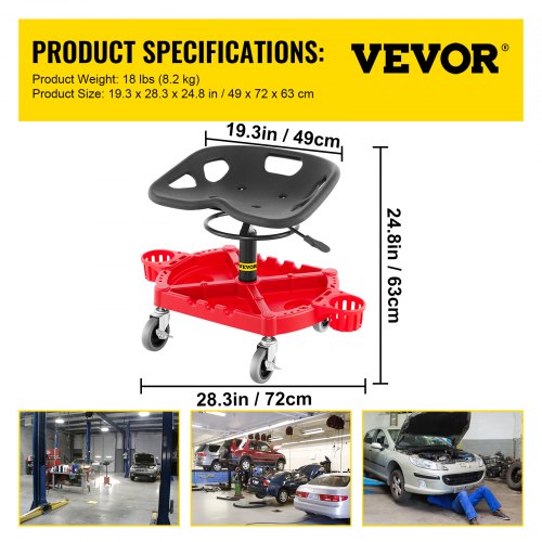 Rolling Garage Stool 300LBS Capacity Adjustable Height from 18 in to 23